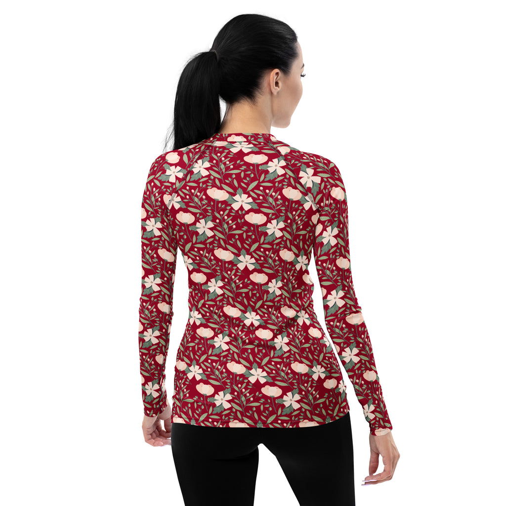 Women's Dark Red Floral Long Sleeve Rash Guard Swim Shirt – Buttery Soft, Sun Safe UPF 50+ Protection, Quick Dry & 4-Way Stretch Comfort
