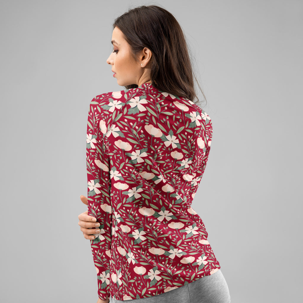 Women's Dark Red Floral Long Sleeve Rash Guard Swim Shirt – Buttery Soft, Sun Safe UPF 50+ Protection, Quick Dry & 4-Way Stretch Comfort