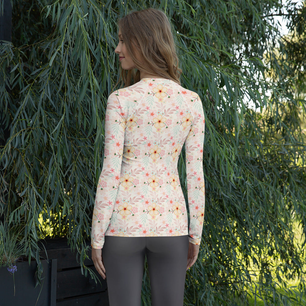 Women's Pastel Pink Wildflower Long Sleeve Rash Guard Swim Shirt – Buttery Soft, Sun Safe UPF 50+ Protection, Quick Dry & 4-Way Stretch Comfort