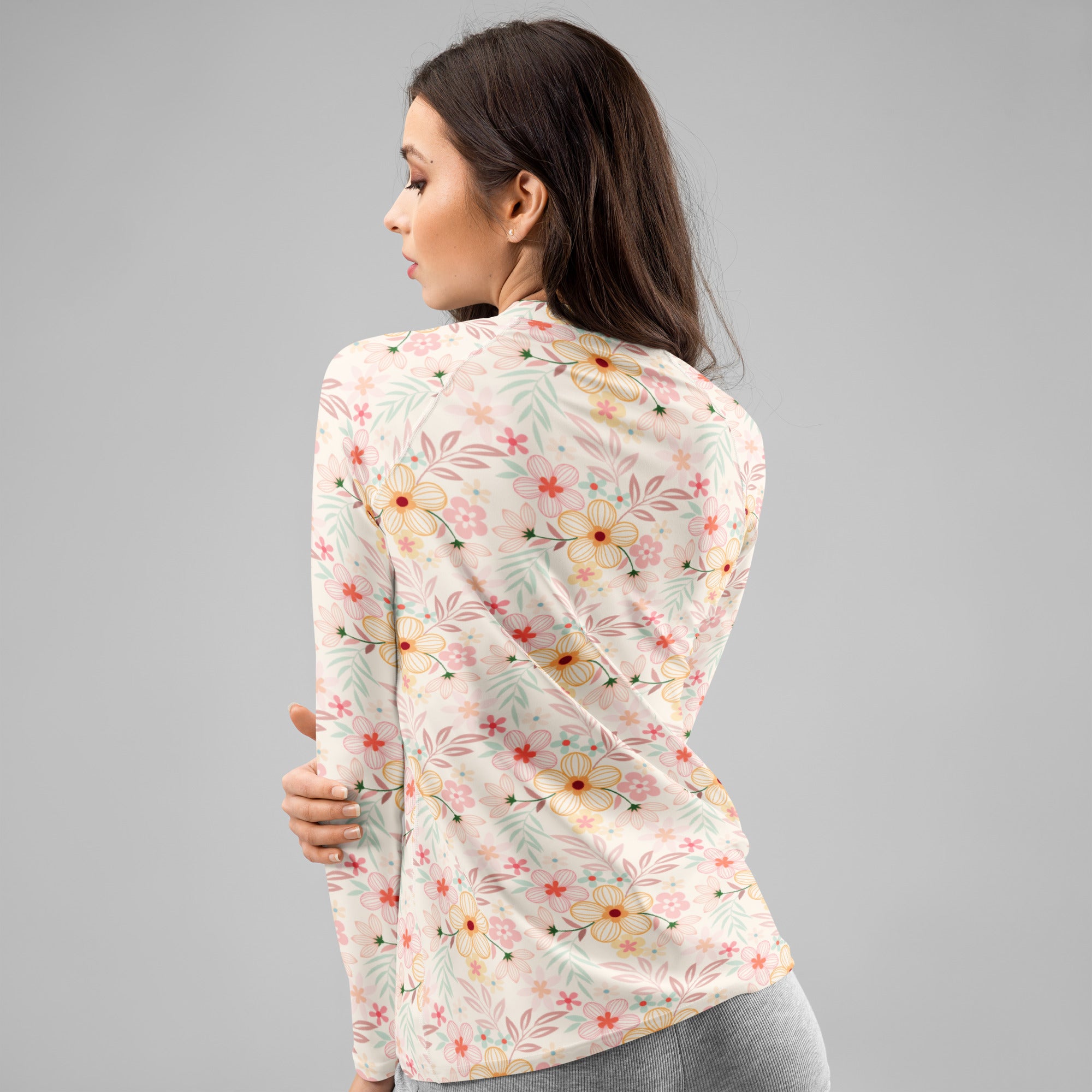Women's Pastel Pink Wildflower Long Sleeve Rash Guard Swim Shirt – Buttery Soft, Sun Safe UPF 50+ Protection, Quick Dry & 4-Way Stretch Comfort