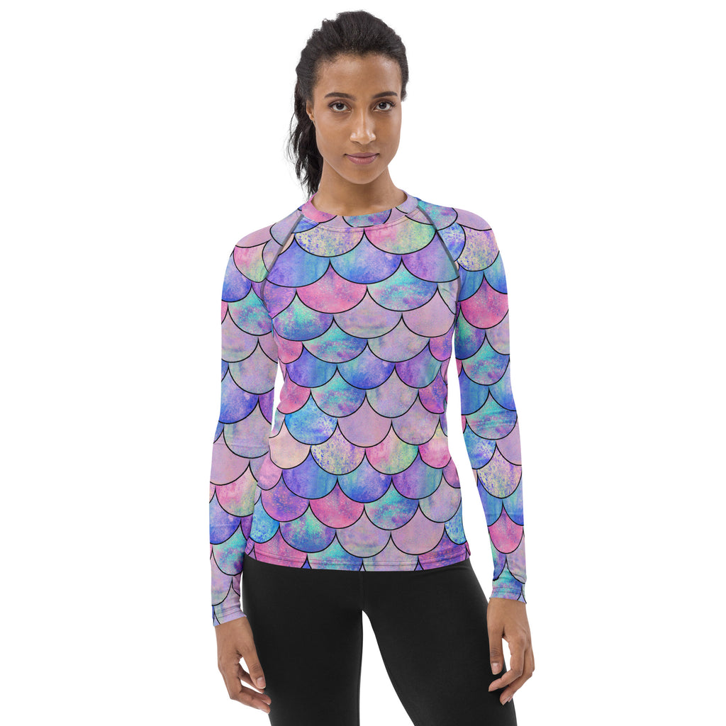 Women's Pastel Mermaid Buttery Soft Long Sleeve Rash Guard Swim Shirt With UPF 50+