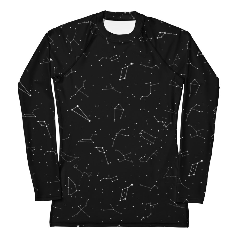 Black long sleeve rash guard with white constellation pattern made of buttery soft fabric with UPF 50 plus protection