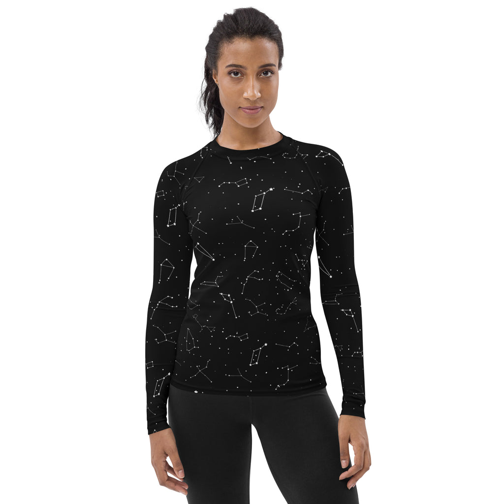 Black long-sleeved athletic rash guard with white constellation pattern buttery soft fabric upf 50 plus protection