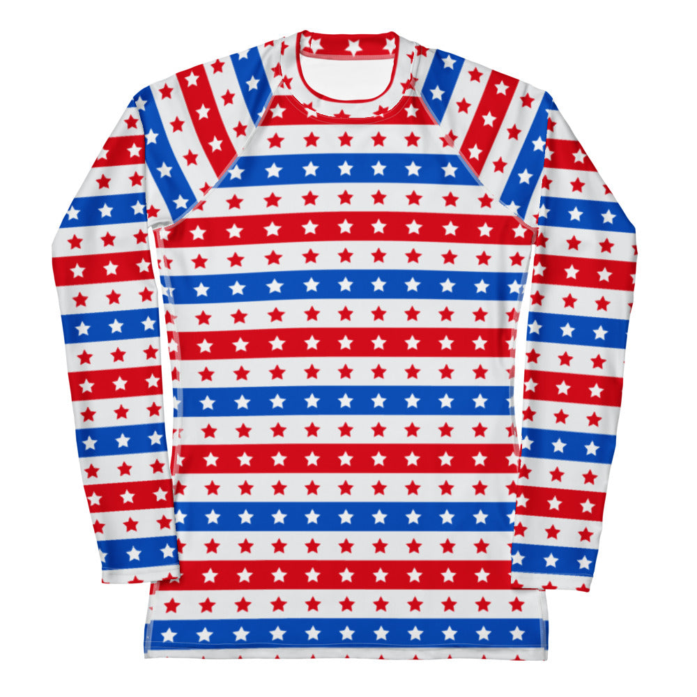 Women’s long sleeve rash guard with red white and blue horizontal stripes and stars buttery soft fabric upf 50+