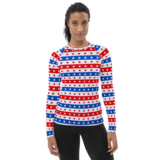 Women's Striped Red White and Blue Stars Buttery Soft Long Sleeve Rash Guard Swim Shirt With UPF 50+