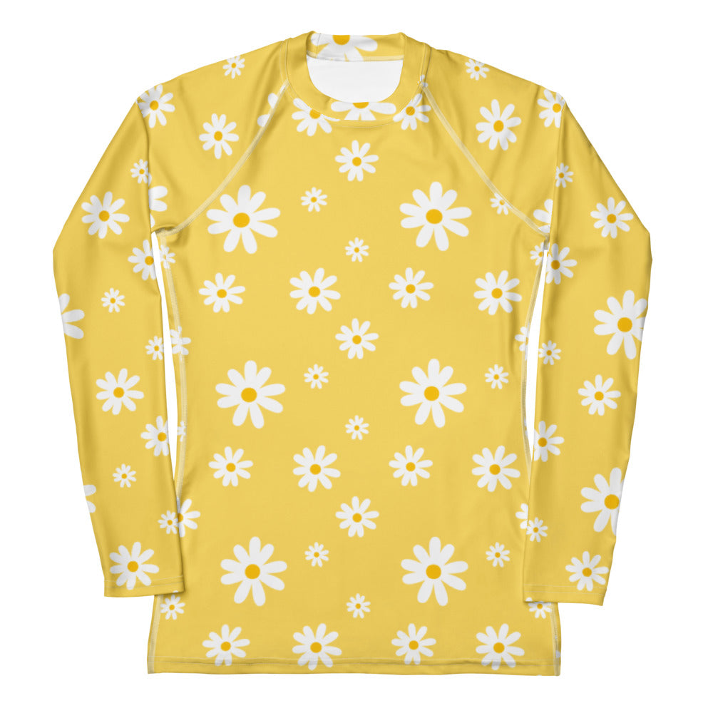 Women's Yellow Daisy Buttery Soft Long Sleeve Rash Guard Swim Shirt With UPF 50+