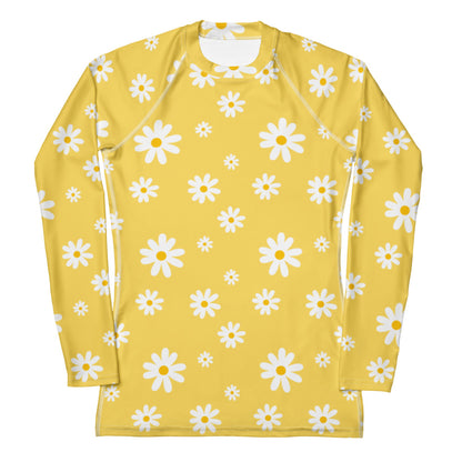 Women's Yellow Daisy Buttery Soft Long Sleeve Rash Guard Swim Shirt With UPF 50+