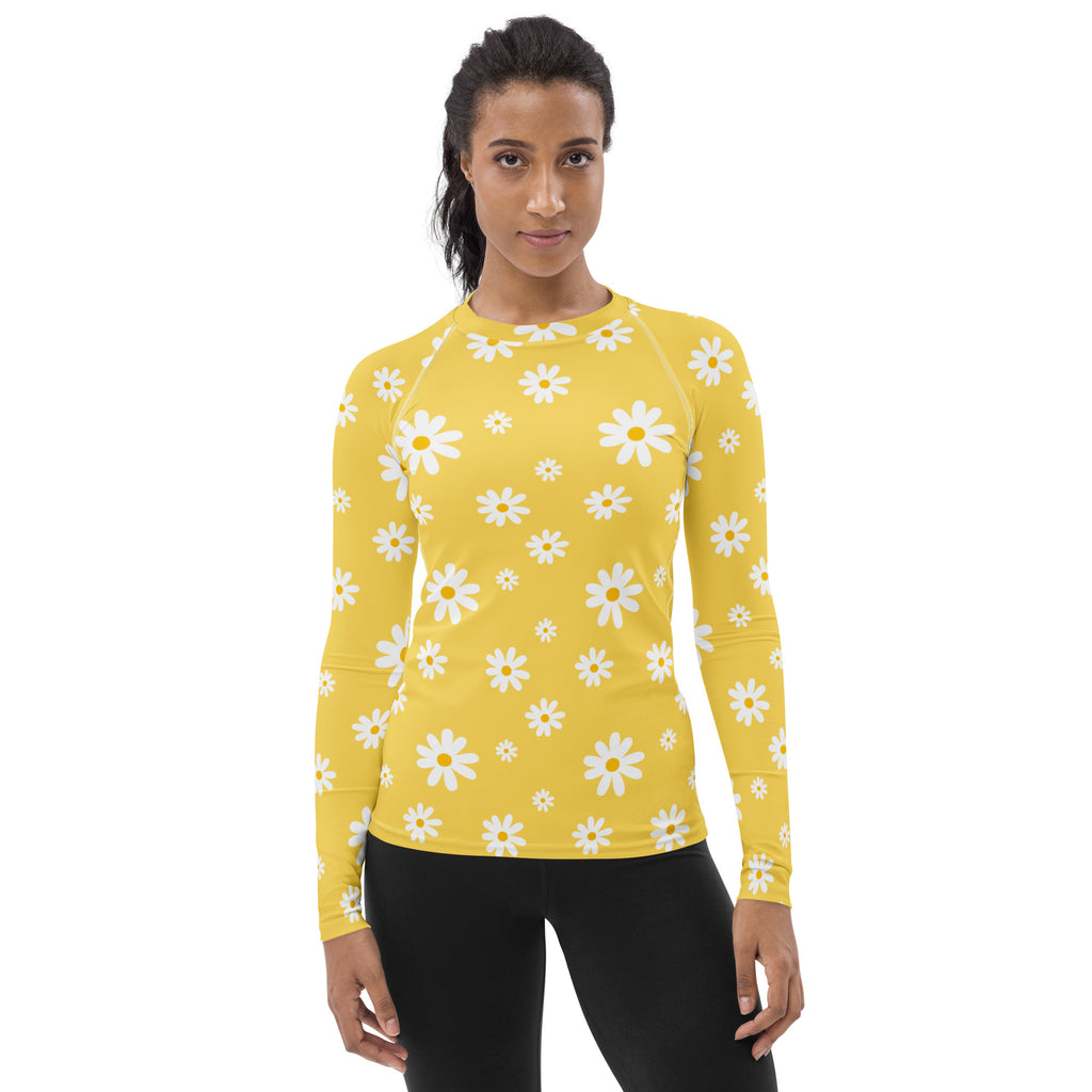 Women's Yellow Daisy Buttery Soft Long Sleeve Rash Guard Swim Shirt With UPF 50+
