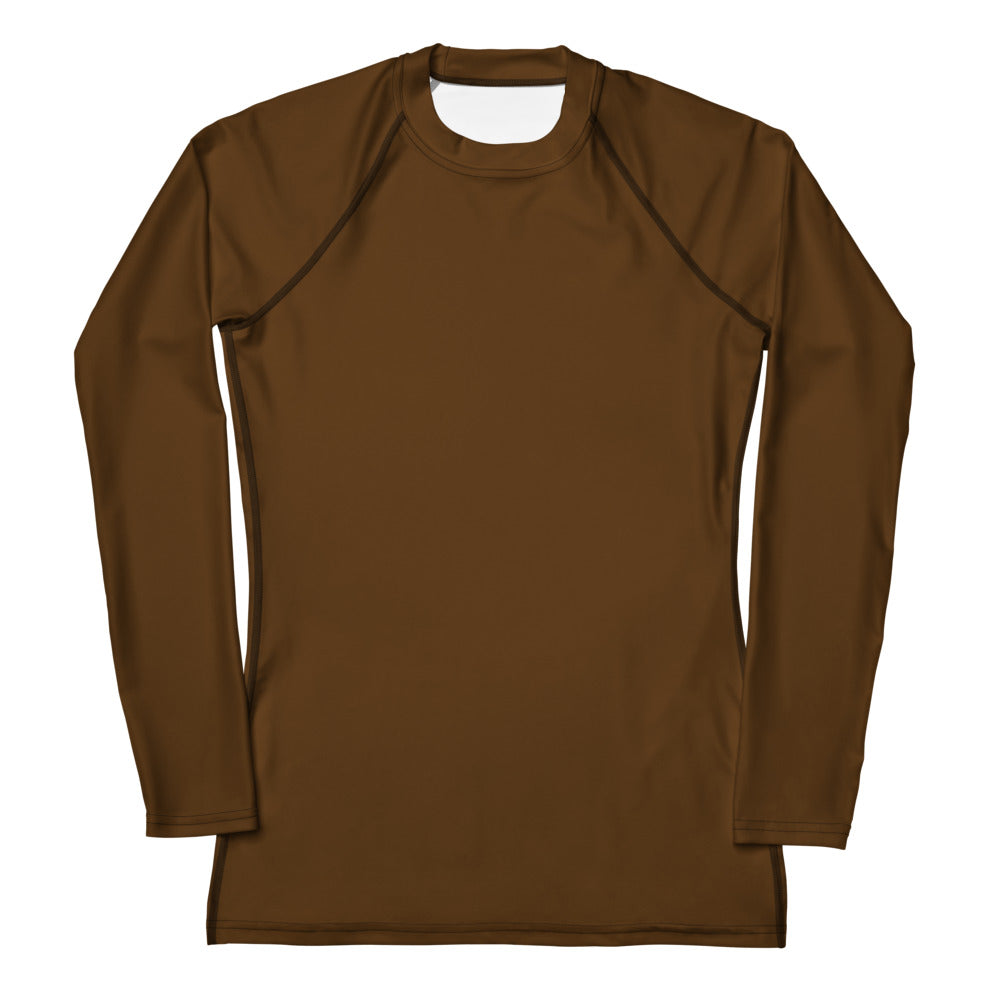 Women’s brown buttery soft long sleeve rash guard swim shirt with upf 50 plus seamless crew neck design
