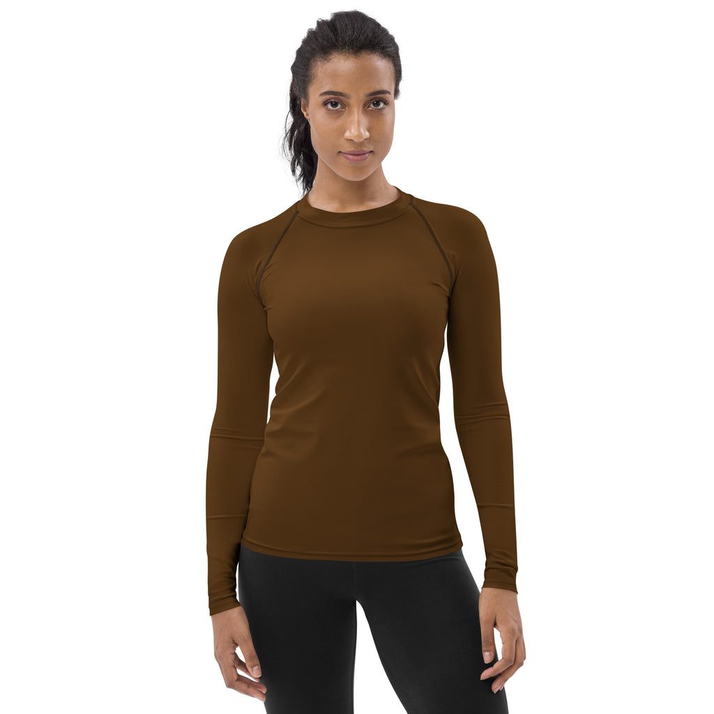 Women’s brown buttery soft long sleeve rash guard swim shirt with fitted silhouette raglan sleeves and upf 50+