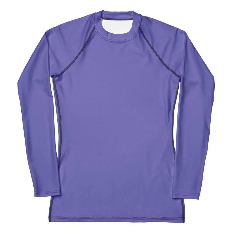 Women’s purple buttery soft long sleeve rash guard swim shirt with black seam detailing and upf 50 plus protection