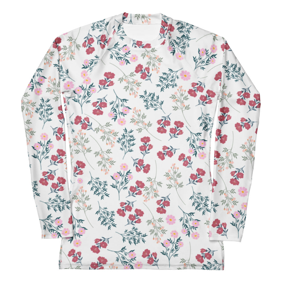 Women’s white long sleeve rash guard swim shirt with buttery soft fabric floral pattern and upf 50+ protection