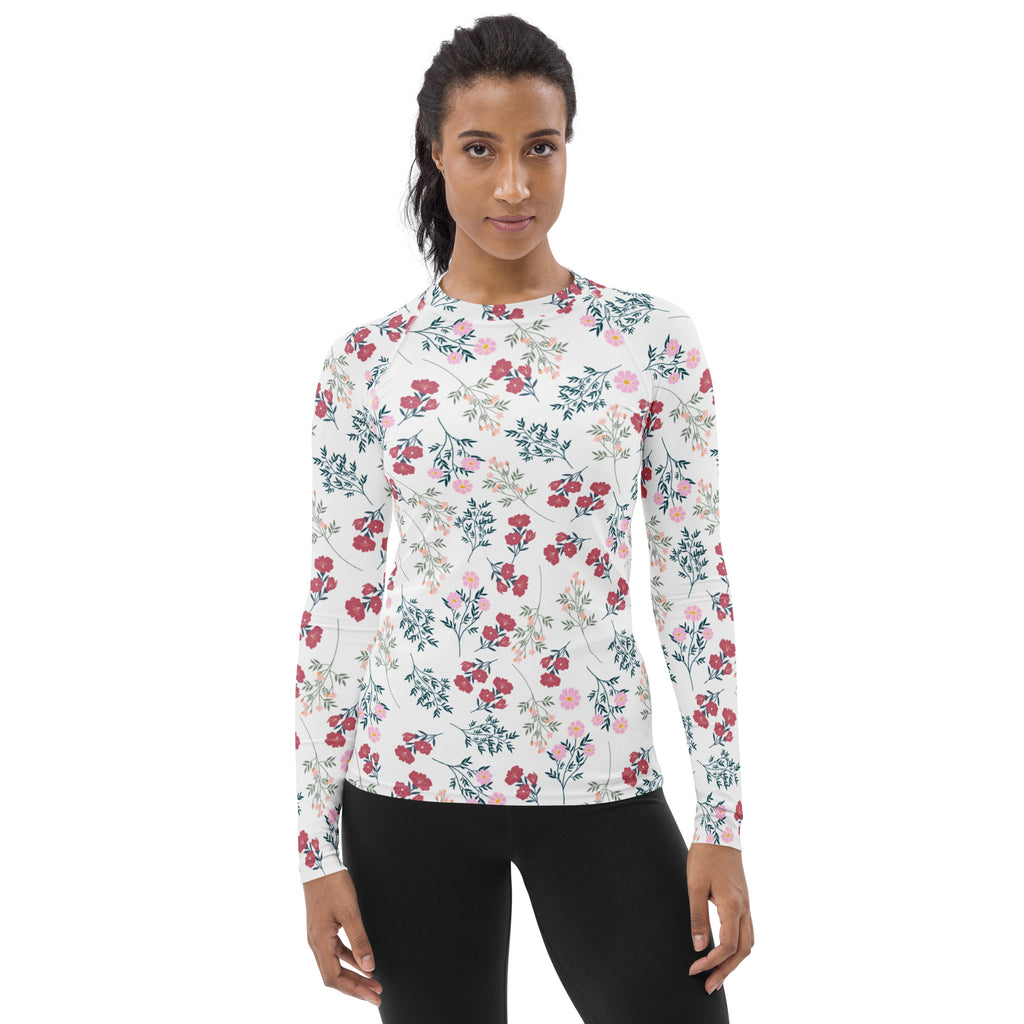 Women’s white floral long sleeve rash guard swim shirt with buttery soft fabric and UPF 50 plus sun protection