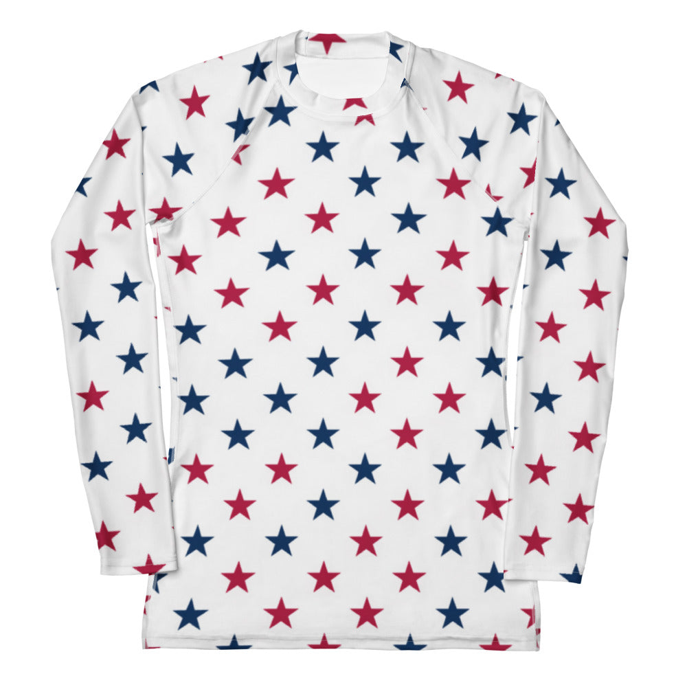 Women’s white long sleeve rash guard with red and blue star pattern buttery soft fabric upf 50+ swim shirt