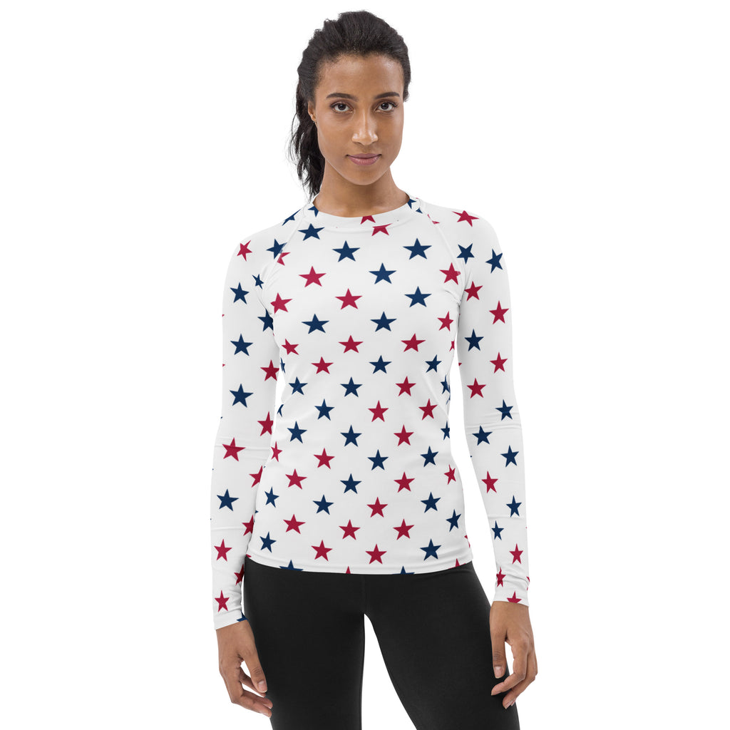 White long-sleeved rash guard swim shirt with red and navy blue stars buttery soft with upf 50+ protection