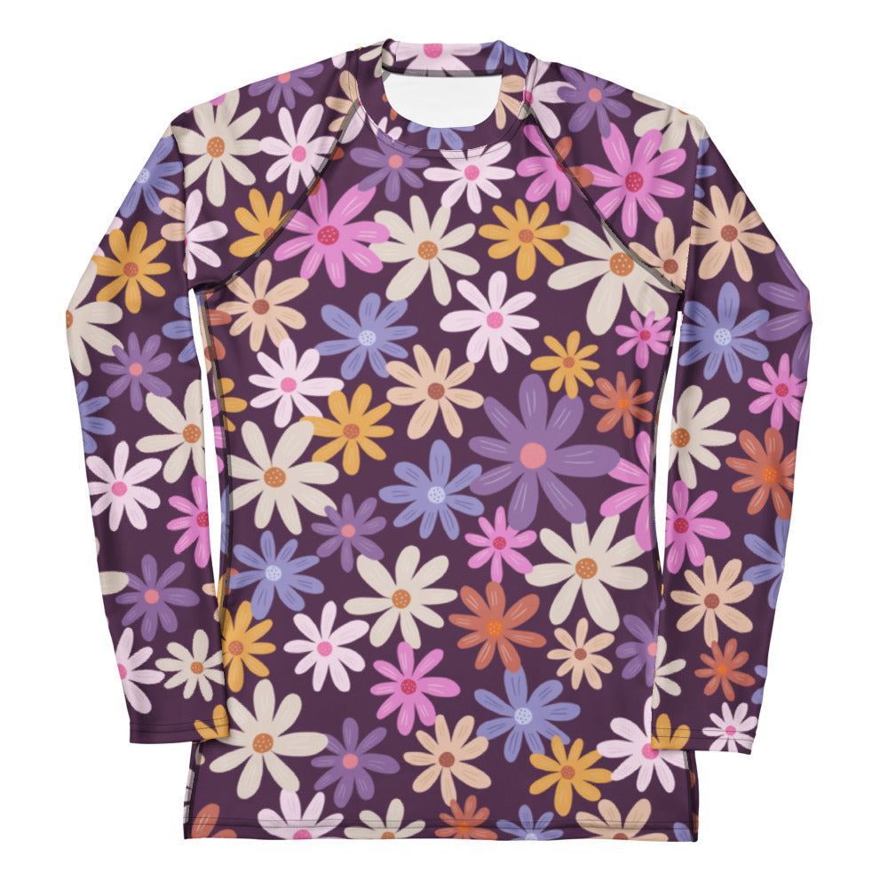 Women’s retro floral buttery soft long sleeve rash guard swim shirt with upf 50 multicolored daisies on mauve
