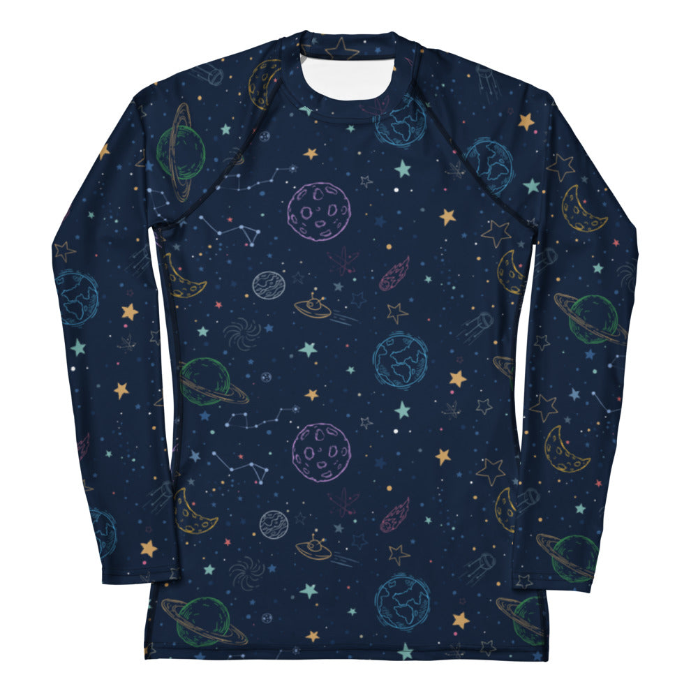 Women’s navy blue long sleeve rash guard with whimsical pastel space print buttery soft fabric and UPF 50+ protection