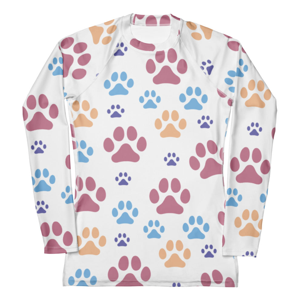 White long sleeve rash guard swim shirt with buttery soft fabric and colorful pink blue tan paw prints with upf 50+