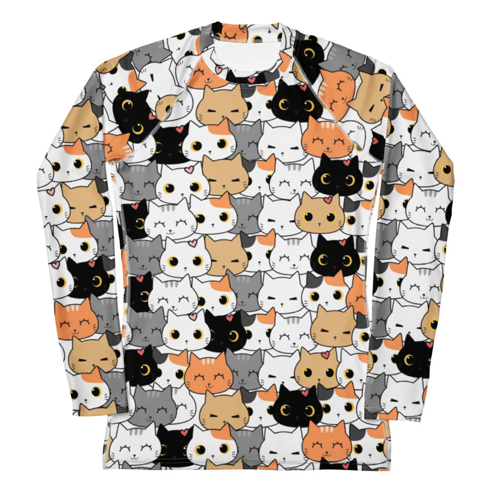 Women’s buttery soft long sleeve rash guard swim shirt with playful black white gray and orange cartoon cat print upf 50+