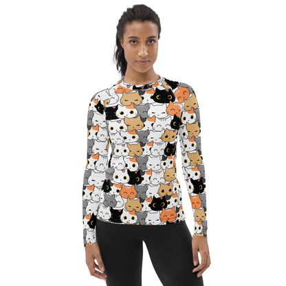 Women's Cat Face Buttery Soft Long Sleeve Rash Guard Swim Shirt With UPF 50+