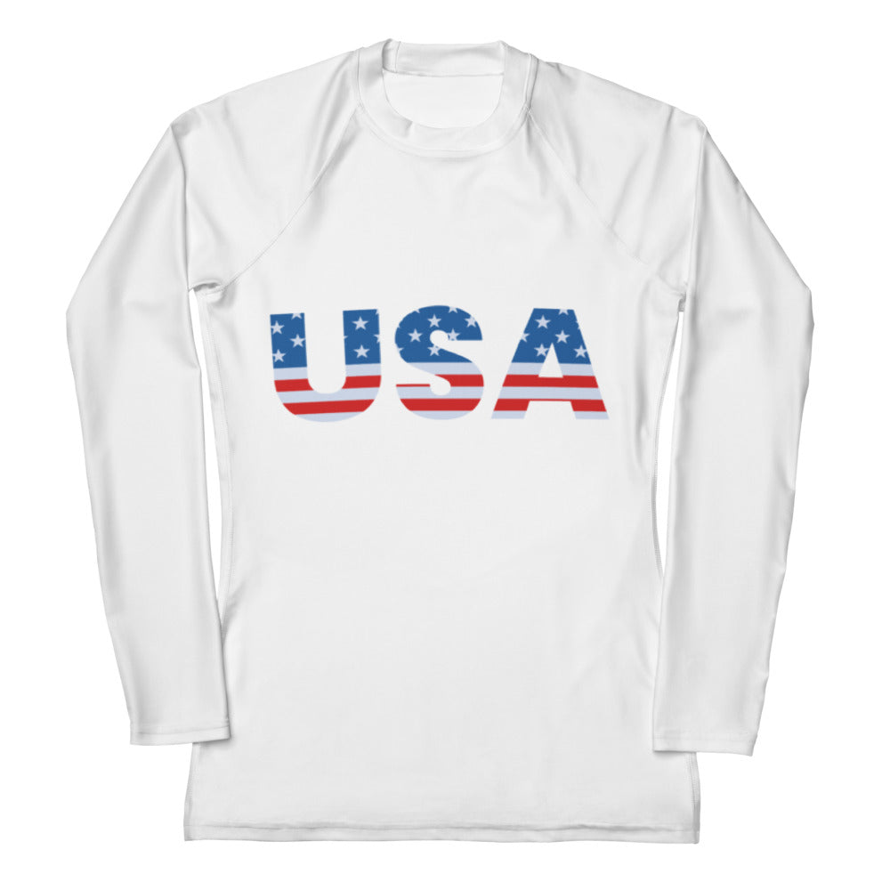 White long sleeve rash guard swim shirt with usa flag print and buttery soft fabric with upf 50 plus protection