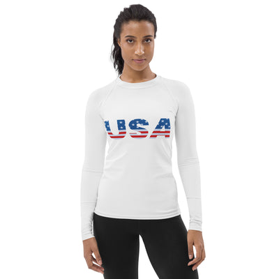White long sleeved rash guard with usa graphic in red white and blue stars and stripes design with upf 50 plus protection