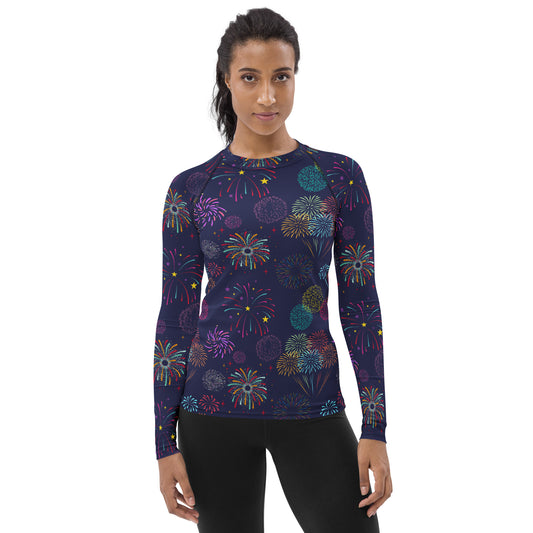 Women's Colorful Fireworks Buttery Soft Long Sleeve Rash Guard Swim Shirt With UPF 50+