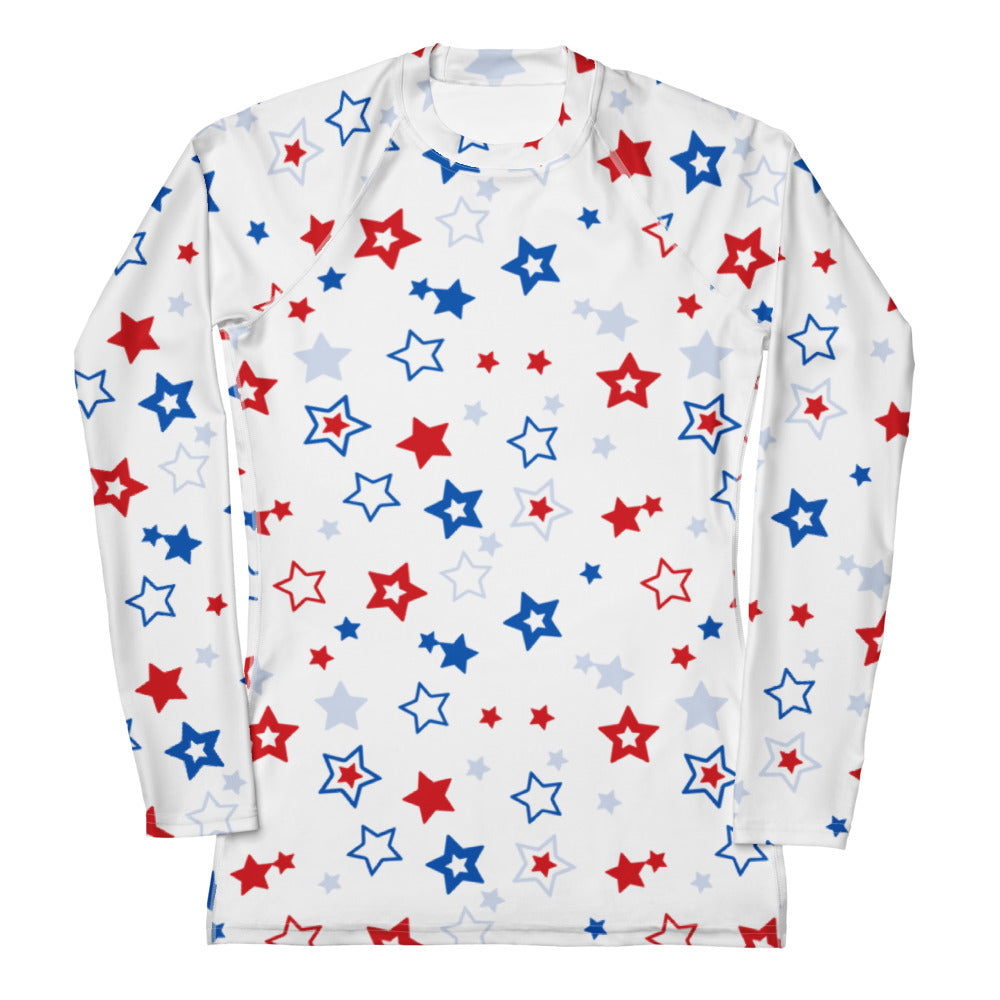 White long-sleeved rash guard swim shirt with vibrant red blue and light gray stars buttery soft fabric upf 50+