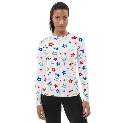 Women’s white long sleeve rash guard swim shirt with red blue silver star pattern buttery soft fabric upf 50+