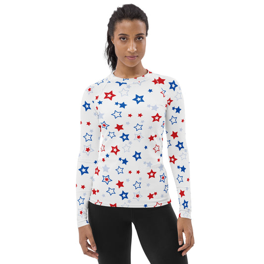 Women's Red White and Blue Stars Buttery Soft Long Sleeve Rash Guard Swim Shirt With UPF 50+
