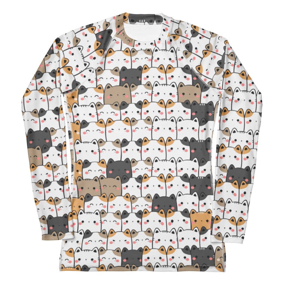 Women's Kawaii Cat Face Buttery Soft Long Sleeve Rash Guard Swim Shirt With UPF 50+