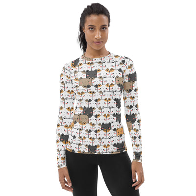 Women's Kawaii Cat Face Buttery Soft Long Sleeve Rash Guard Swim Shirt With UPF 50+