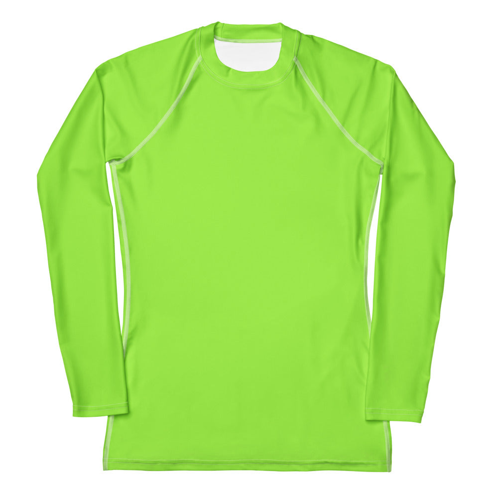 Women’s lime green long sleeve buttery soft rash guard swim shirt with white seam detailing and UPF 50 plus protection
