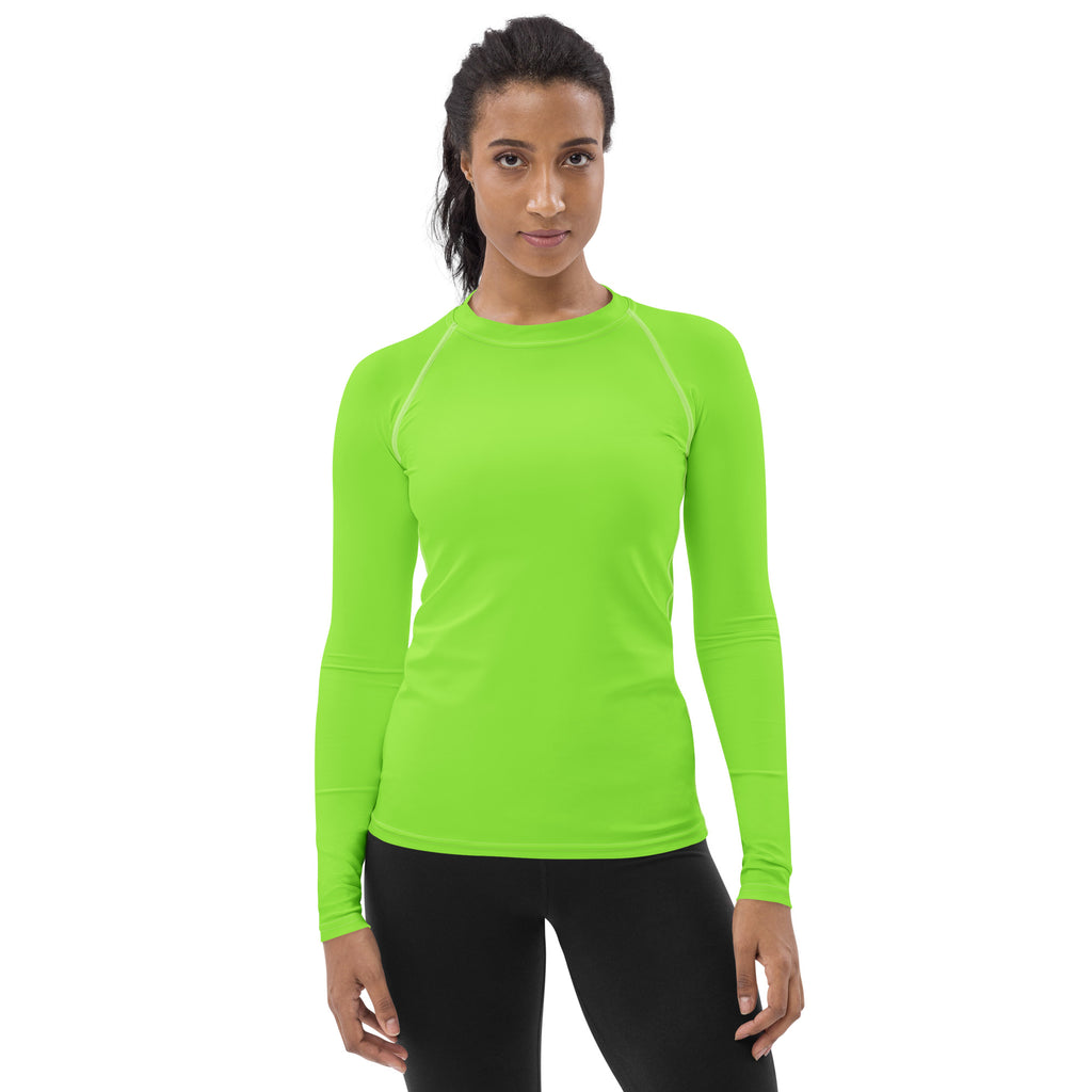 Women’s lime green buttery soft long sleeve rash guard swim shirt with upf 50 plus and subtle seam detailing