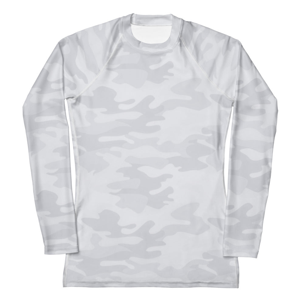 Women’s light gray camouflage long sleeve rash guard swim shirt with buttery soft fabric and upf 50 plus protection