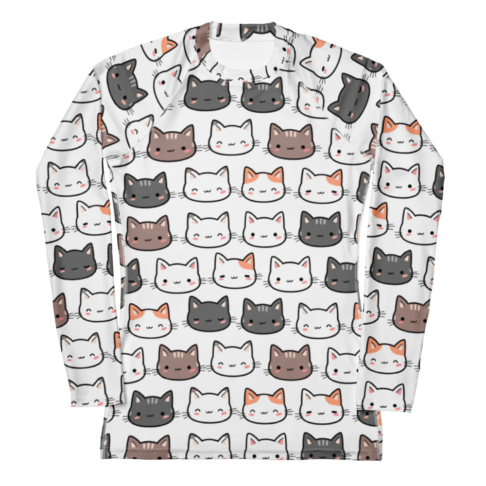 White buttery soft long sleeve rash guard swim shirt for women with playful multicolored cartoon cat pattern and upf 50+