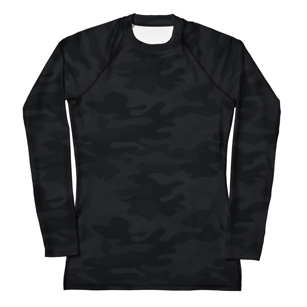Women s black long-sleeve rash guard swim shirt with subtle dark camouflage pattern and UPF 50 plus protection