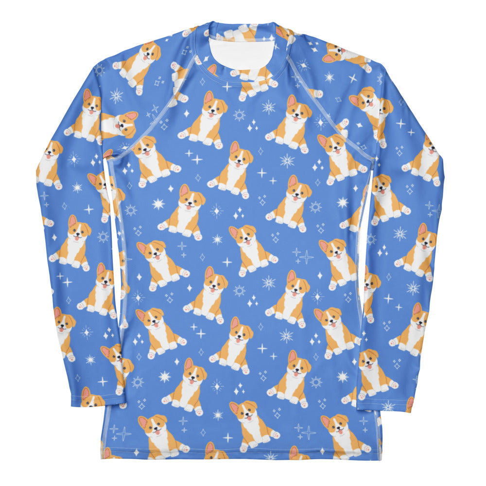 Women’s blue long sleeve rash guard swim shirt with buttery soft fabric and corgi dog pattern with starbursts