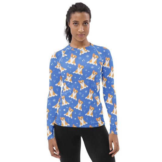 Women's Blue Corgi Dog Buttery Soft Long Sleeve Rash Guard Swim Shirt With UPF 50+