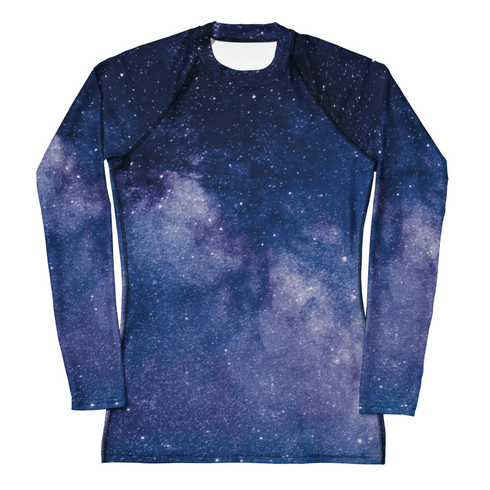Women’s realistic galaxy long sleeve rash guard swim shirt in deep navy with cosmic print and buttery soft fabric upf 50+