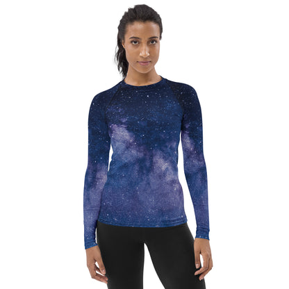 Women's Realistic Galaxy Buttery Soft Long Sleeve Rash Guard Swim Shirt With UPF 50+