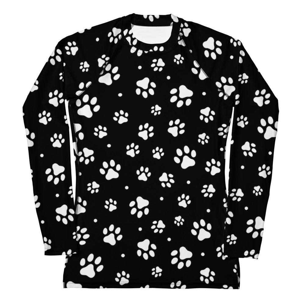 Women’s black long sleeve rash guard with white paw print all-over print made of buttery soft fabric with UPF 50+