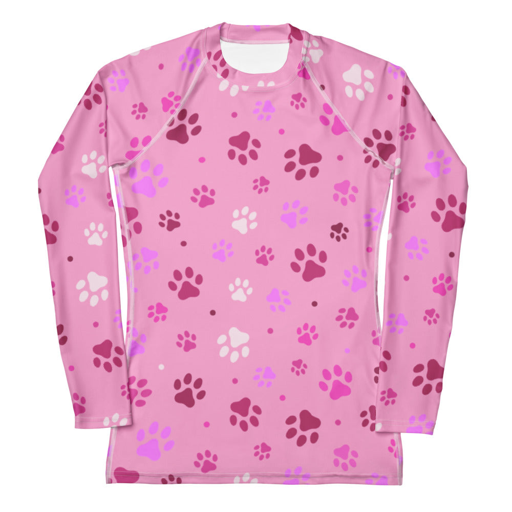 Women’s pink long sleeve rash guard swim shirt with playful paw print pattern buttery soft fabric upf 50+