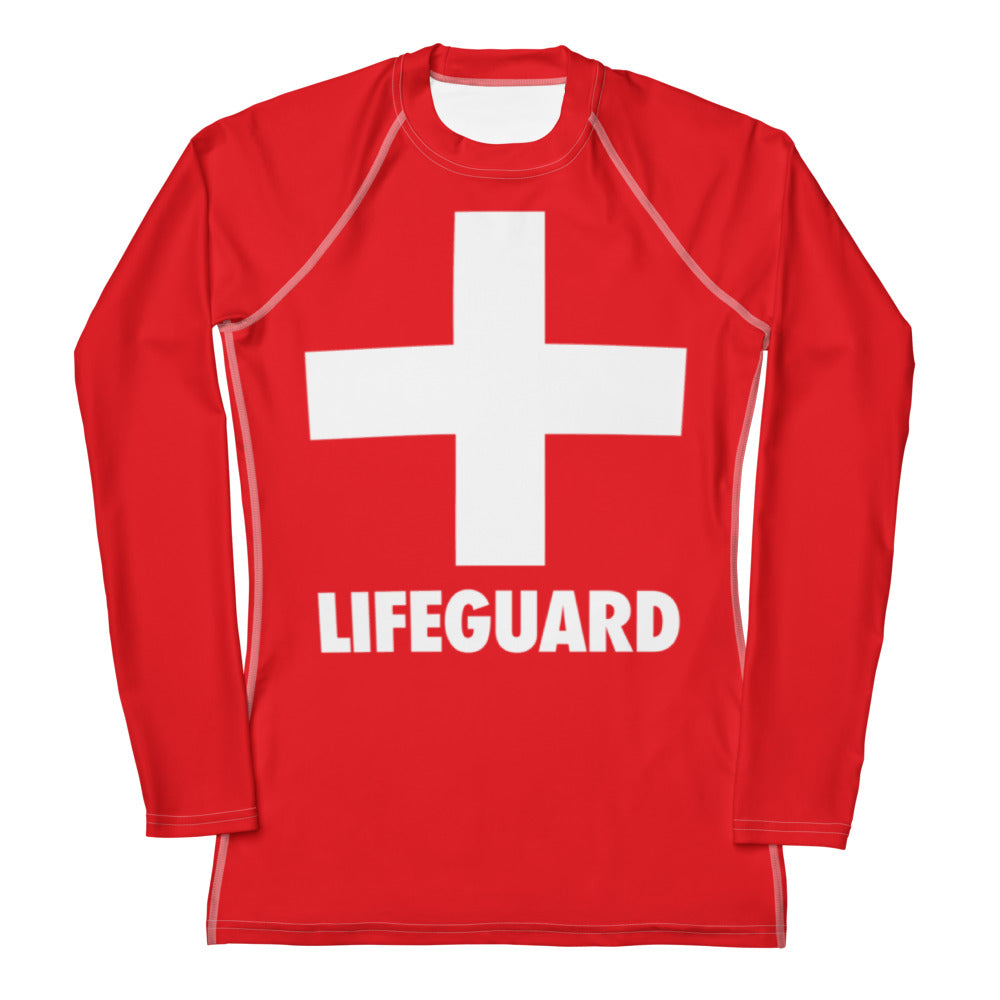 Women’s red long-sleeved buttery soft rash guard swim shirt with white cross lifeguard text and upf 50+ protection