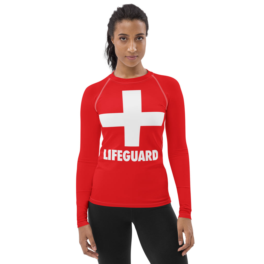 Women’s red long sleeve rash guard swim shirt with white cross lifeguard print buttery soft fabric upf 50+