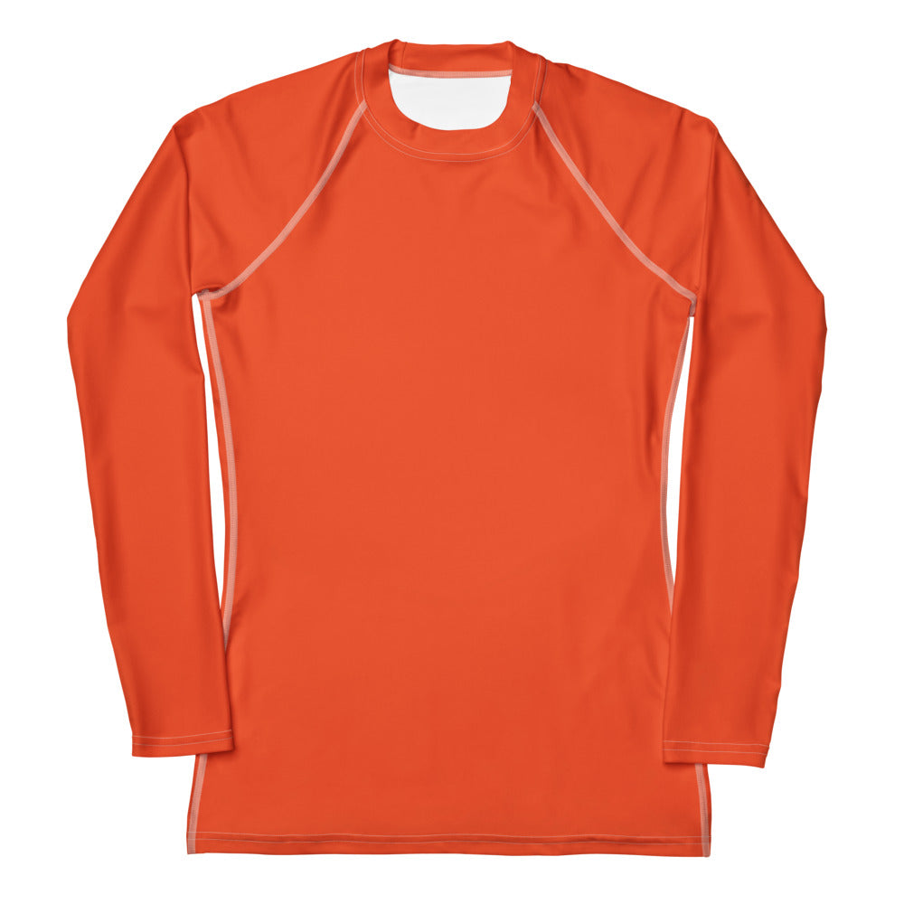 Women’s orange buttery soft long sleeve rash guard swim shirt with upf 50 and white seam detailing