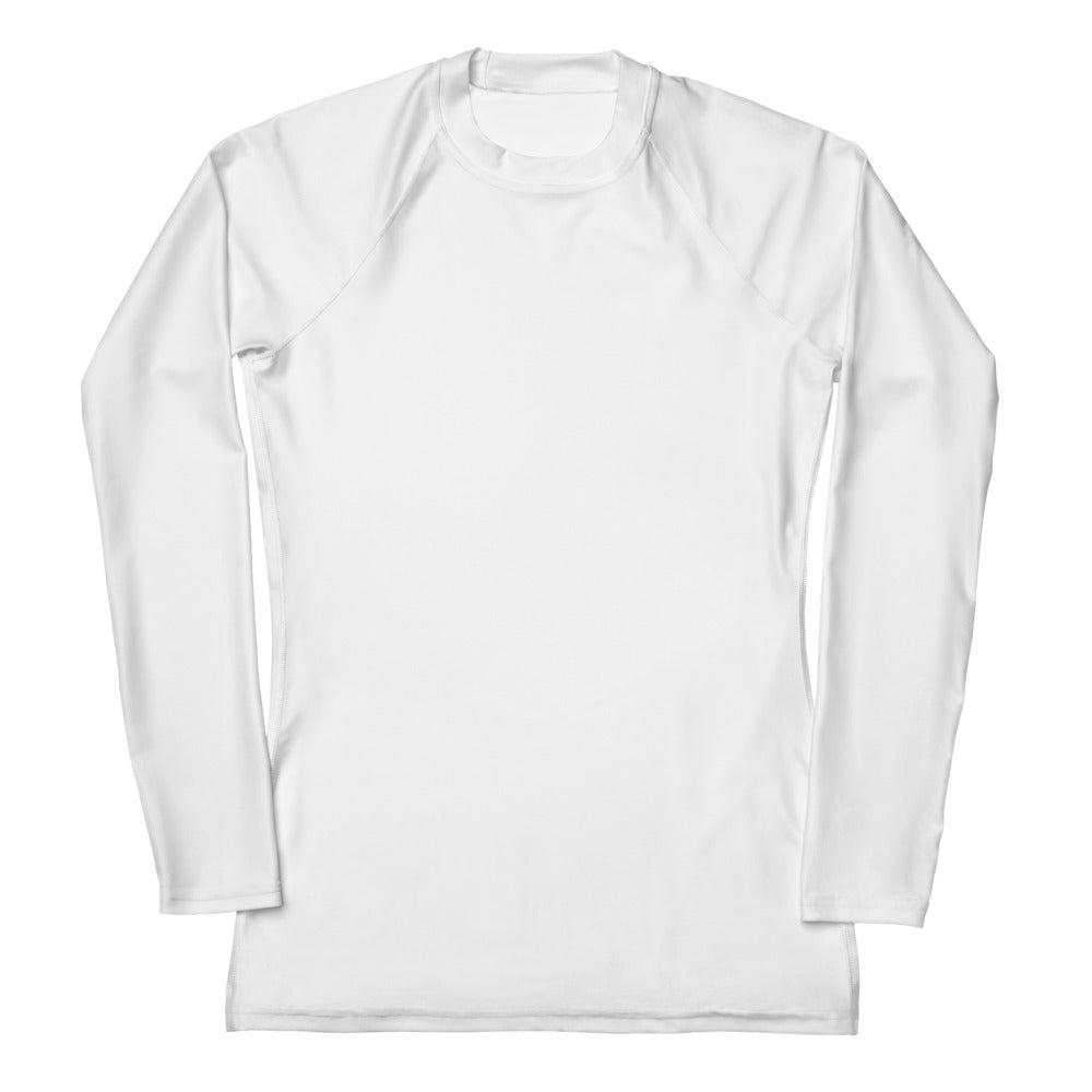White long sleeve rash guard swim shirt with seamless construction and UPF 50 plus protection for women