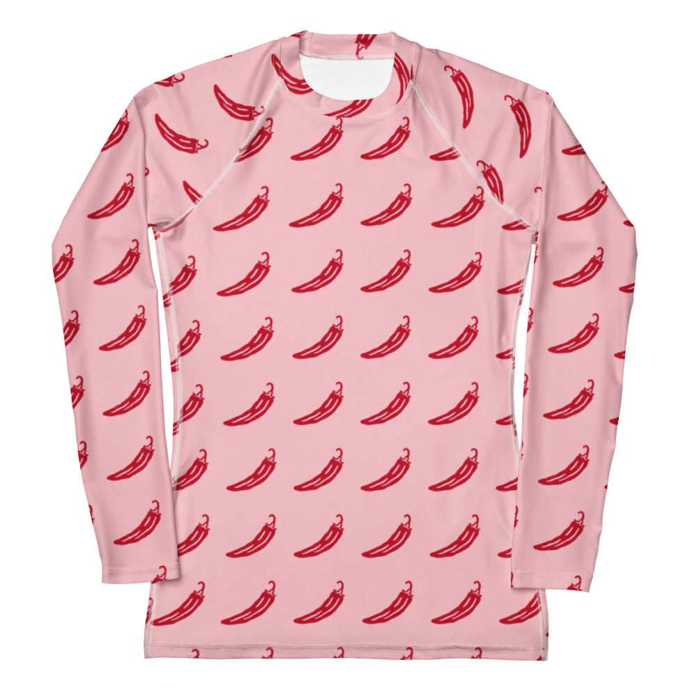 Women’s pink long sleeve rash guard with red chili pepper pattern buttery soft fabric and upf 50 plus protection