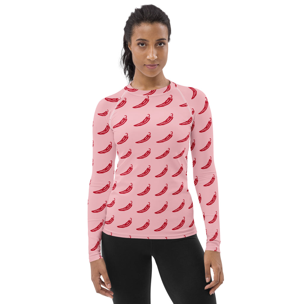 Women’s pink long sleeve rash guard with red chili pepper pattern buttery soft fabric upf 50 plus swim shirt