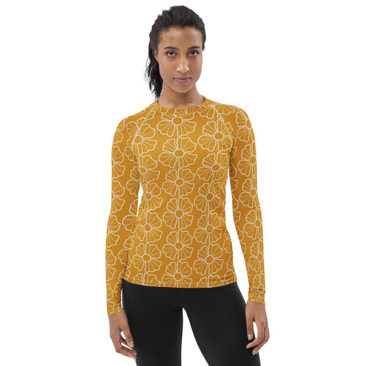 Women's Mustard Yellow Floral  Buttery Soft Long Sleeve Rash Guard Swim Shirt With UPF 50+